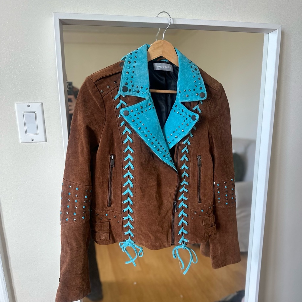 Bagatelle Brown and Blue Leather Jacket